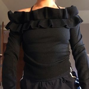Black off the shoulder ruffle long sleeve shirt